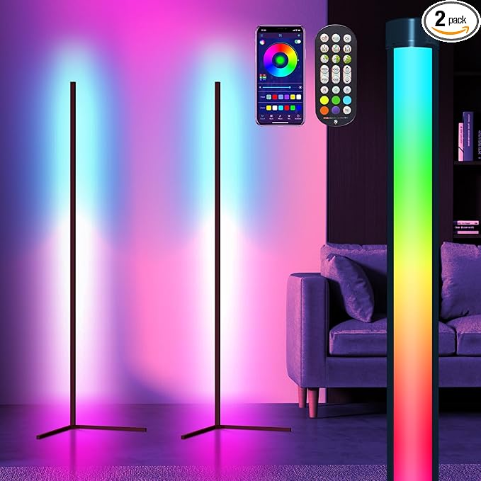 Bodun RGB Corner Floor Lamp 56 inches Smart LED Mood Lighting Bar Ambient Light Tower with Music Sync Floor Lamps for Living Room Remote Control Color Changing - LeafyLoom