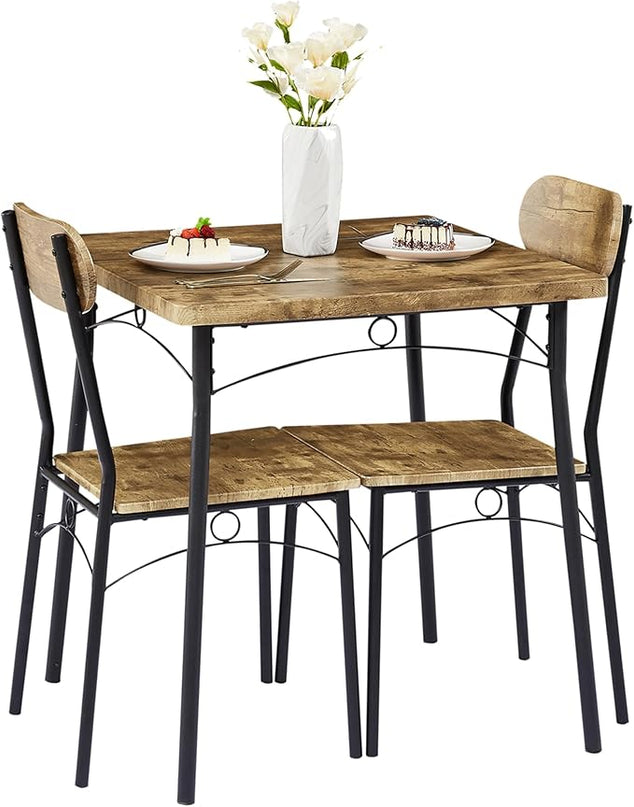 VECELO Dining Table Set for 2 Metal and Wood Square Kitchen Breakfast Nook, 3 Piece Dinette with Chairs, 27.5", Brown - LeafyLoom