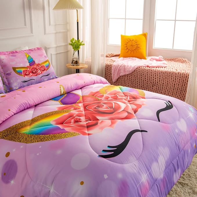 Unicorn Twin Bedding Sets for Girls Kids Comforter Set Twin Size with 2 Pillowcases Purple Unicorn Room Decor for Girls Bedroom Ultra Soft Machine Washable Toddler Bed Set - LeafyLoom