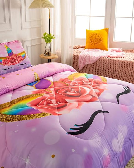 Unicorn Queen Bedding Sets for Girls Kids Comforter Set Queen Size with 2 Pillowcases Purple Unicorn Room Decor for Girls Bedroom Ultra Soft Machine Washable Toddler Bed Set - LeafyLoom