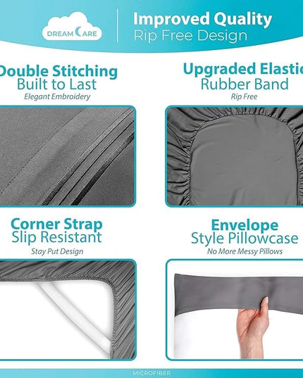 DREAMCARE Full Size Sheets - Cooling Bed Sheets - 4pcs Set - up to 15" Deep Pocket Full Sheet Set - Sheets Full Size Bed - Soft & Long Lasting 100% Fine Brushed Polyester with Side Pocket - Gray - LeafyLoom