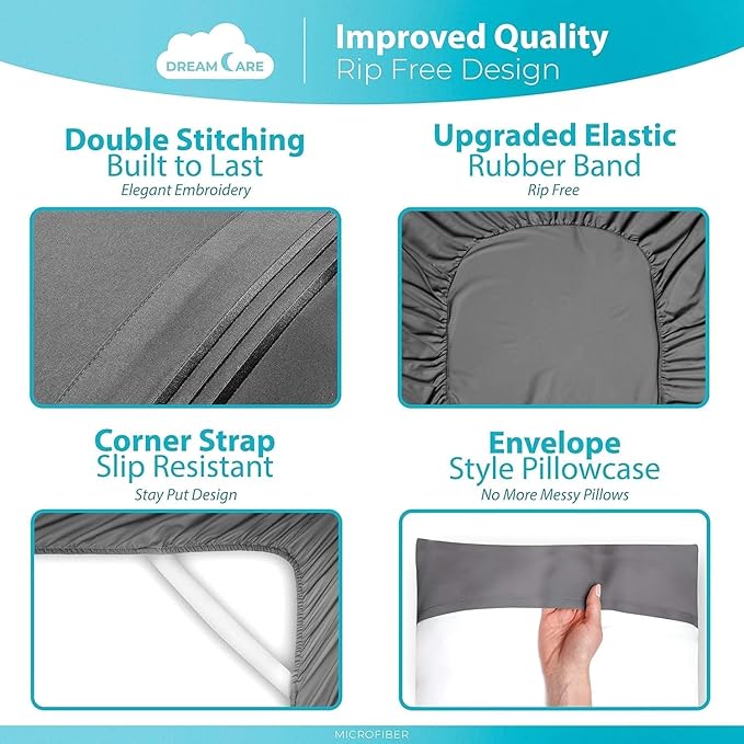 DREAMCARE Full Size Sheets - Cooling Bed Sheets - 4pcs Set - up to 15" Deep Pocket Full Sheet Set - Sheets Full Size Bed - Soft & Long Lasting 100% Fine Brushed Polyester with Side Pocket - Gray - LeafyLoom