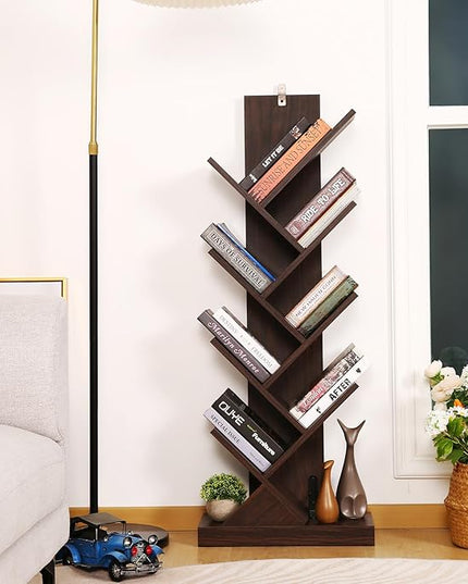 BATHWA Set of 2 Tree Bookshelves, Double 8 Shelf Tree Bookcases, Narrow I Shaped Book Shelves for Home Office, Rustic Wood Open Shelf Organizer Racks for Book CDs Magazines - LeafyLoom