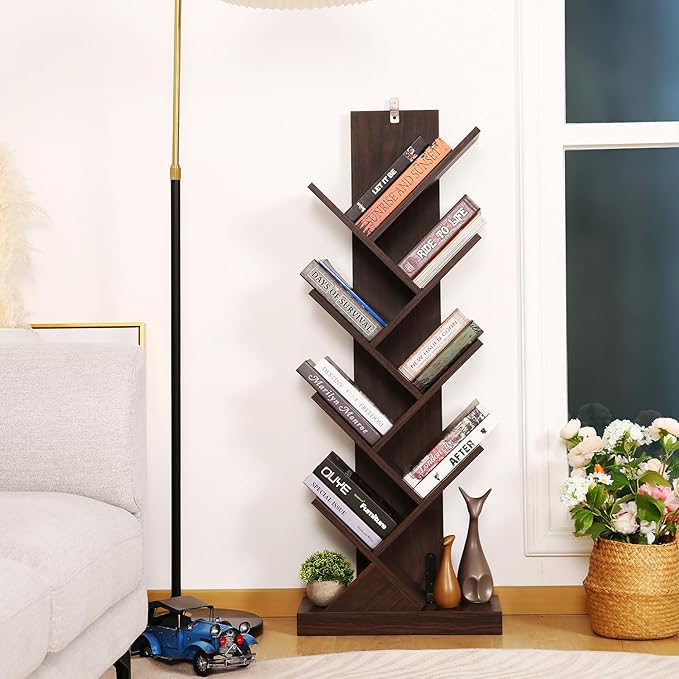 BATHWA Set of 2 Tree Bookshelves, Double 8 Shelf Tree Bookcases, Narrow I Shaped Book Shelves for Home Office, Rustic Wood Open Shelf Organizer Racks for Book CDs Magazines - LeafyLoom