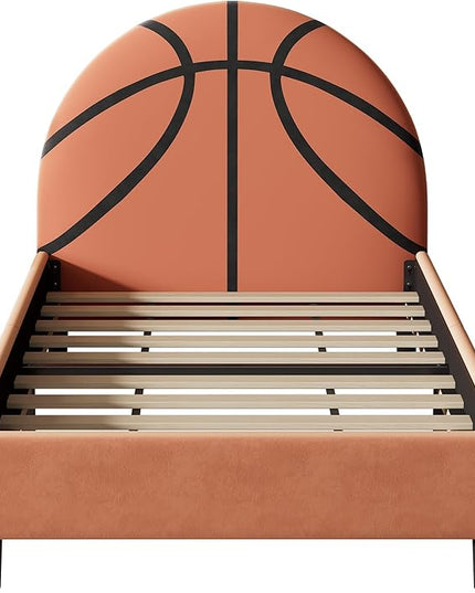 Basketball Design Twin Bed Frame for Kids,Sports Theme Upholstered Platform Bed with Headboard,Velvet Twin Size Bed Frame for Boys & Girls,Teens,Orange - LeafyLoom
