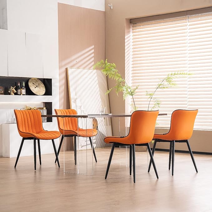 YOUNUOKE Orange Dining Chairs Set of 2 Upholstered Mid Century Modern Kitchen Chair Armless Faux Leather Accent Guest Side Chair with Back and Metal Legs for Living Reception Waiting Room Bedroom - LeafyLoom