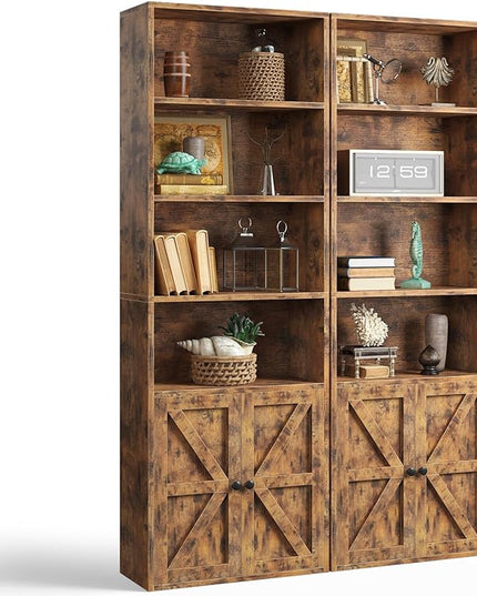 oneinmil 6 Tier Bookshelf and Bookcase Set of 2,Wooden Bookshelves with Cabinet Doors, Floor Bookshelves and Office Storage Cabinets for Home Office, Living Room,Brown - LeafyLoom