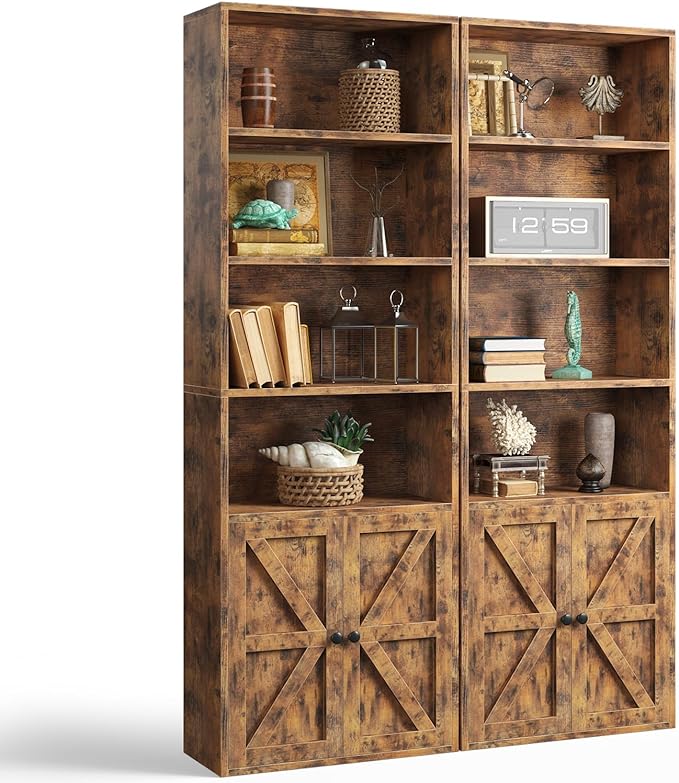 oneinmil 6 Tier Bookshelf and Bookcase Set of 2,Wooden Bookshelves with Cabinet Doors, Floor Bookshelves and Office Storage Cabinets for Home Office, Living Room,Brown - LeafyLoom