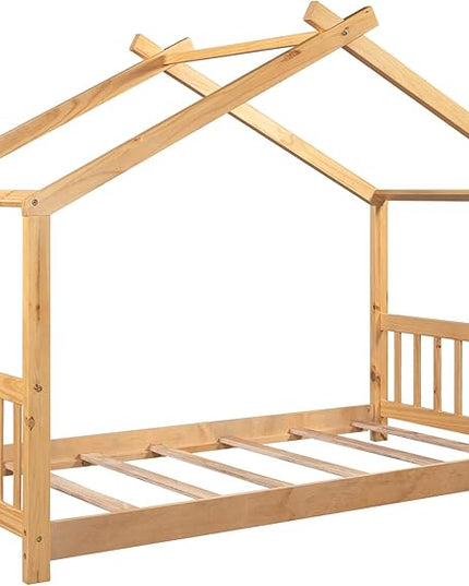 Montessori Floor Bed Frame Twin Size, Twin Floor Bed with Headboard and Footboard, Low House Bed for Girls, Kids, Boys, No Box Spring Needed, Natural Montessori Bed Twin Size - LeafyLoom