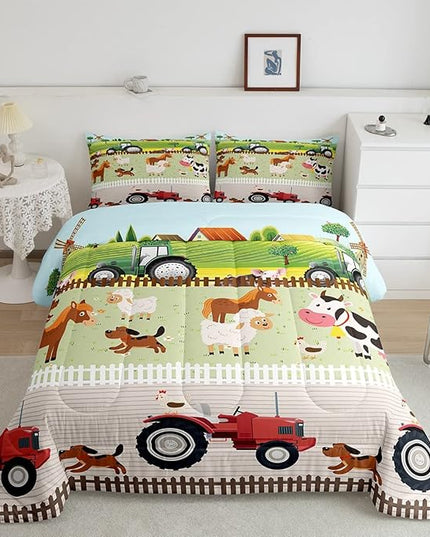 Tractor Bedding Sets for Boys Full Size Toddler Kids Cute Cartoon Farm Animals Comforter Set Girls Children Farmhouse Country Down Comforter for All Season Colorful Room Decor Nature Theme Duvet Set - LeafyLoom