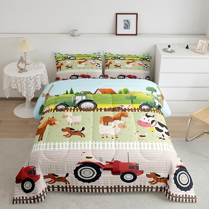 Tractor Bedding Sets for Boys Twin Size Toddler Kids Cute Cartoon Farm Animals Comforter Set Girls Children Farmhouse Country Down Comforter for All Season Colorful Room Decor Nature Theme Duvet Set - LeafyLoom