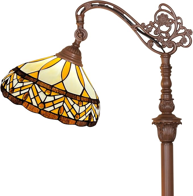 Capulina Tiffany Floor Lamp Antique Amber Melody Style Stained Glass Soft Light Arched Gooseneck Adjustable Angle Reading Floor Lamp for Living Room Bedroom Home Office - LeafyLoom