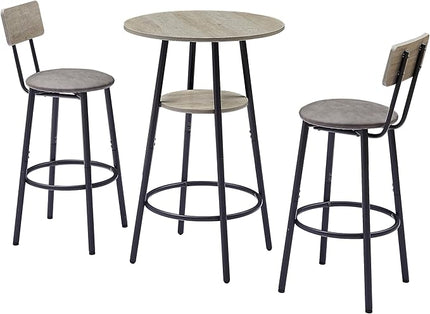 Dining Table Set, Bistro Table and Chairs Set of 2 with Upholstered Cushion, Storage Shelf and Backrest, Pub High Top Round Table Set for Kitchen, Dining Room and Home Bar, Grey - LeafyLoom