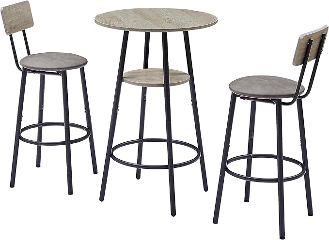 Dining Table Set, Bistro Table and Chairs Set of 2 with Upholstered Cushion, Storage Shelf and Backrest, Pub High Top Round Table Set for Kitchen, Dining Room and Home Bar, Grey - LeafyLoom