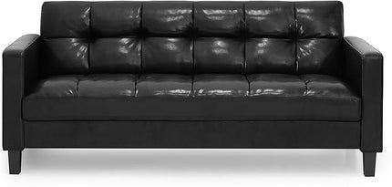 Furinno Brive Contemporary Tufted Faux Leather 3-Seater Sofa Couch for Living Room, Black Faux Leather - LeafyLoom