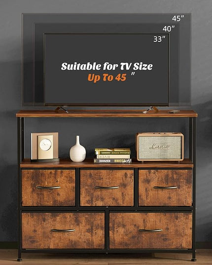 Sweetcrispy TV Stand for Bedroom, TV Dresser for 45 inches, Media Console Table, Entertainment Center with 5 Fabric Drawers Cabinet and Open Storage Shelf Furniture Cabinet for Living Room, Hallway - LeafyLoom
