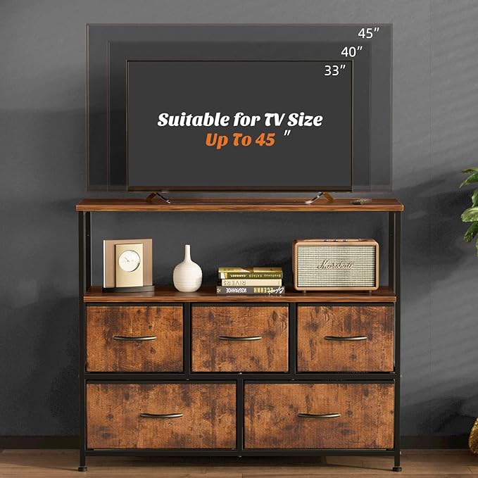 Sweetcrispy TV Stand for Bedroom, TV Dresser for 45 inches, Media Console Table, Entertainment Center with 5 Fabric Drawers Cabinet and Open Storage Shelf Furniture Cabinet for Living Room, Hallway - LeafyLoom