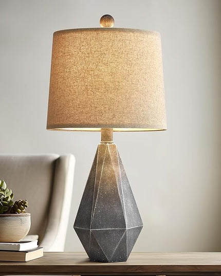PoKat 20.25" Rustic Farmhouse Table Lamp Sets of 2 for Living Room Bedroom Deep Grey Contemporary Classic Bedside Nightstand Lamp with White Fabric Shade - LeafyLoom