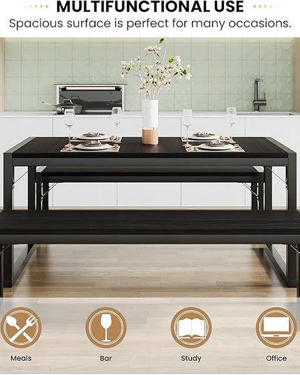 SHA CERLIN Dining Table Set with Two Benches, Rustic Kitchen Table Set for 4 people, Space-Saving Dinette, Heavy Duty Sturdy Structure, Easy Assemble, Black/Black - LeafyLoom