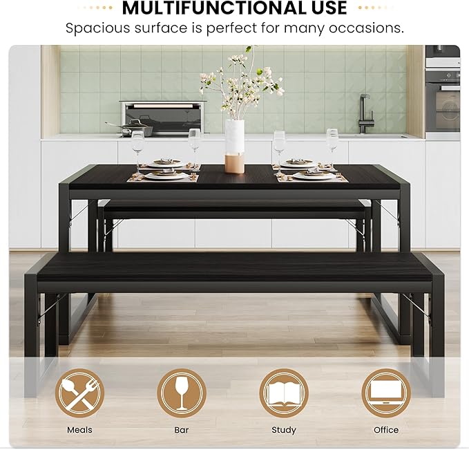 SHA CERLIN Dining Table Set with Two Benches, Rustic Kitchen Table Set for 4 people, Space-Saving Dinette, Heavy Duty Sturdy Structure, Easy Assemble, Black/Black - LeafyLoom
