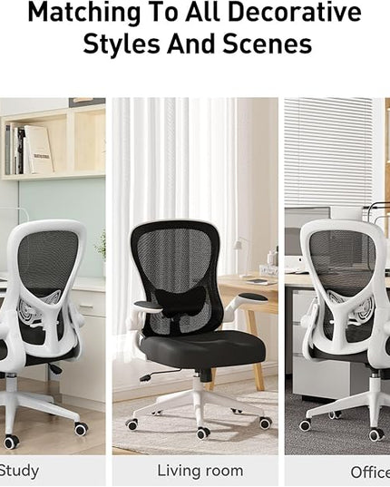 Hbada Office Chair Ergonomic Desk Chair, Office Desk Chairs with PU Silent Wheels, Breathable Mesh Computer Chair with Adjustable Lumbar Support, Flip-up Armrests, Tilt Function, White - LeafyLoom