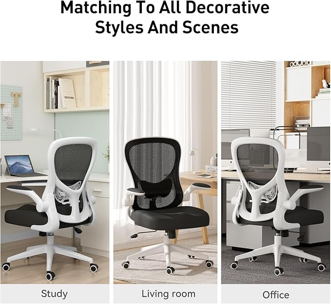 Hbada Office Chair Ergonomic Desk Chair, Office Desk Chairs with PU Silent Wheels, Breathable Mesh Computer Chair with Adjustable Lumbar Support, Flip-up Armrests, Tilt Function, White - LeafyLoom