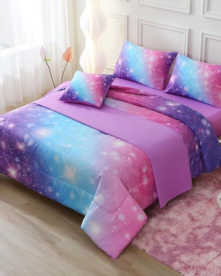 JQinHome Glitter Bedding Set Full Size,6 Piece Bed in A Bag 3D Colorful Rainbow Galaxy Comforter Set for Girls Kids-All Season Microfiber Tie-Dye Bedding Sets(Blue Purple) - LeafyLoom