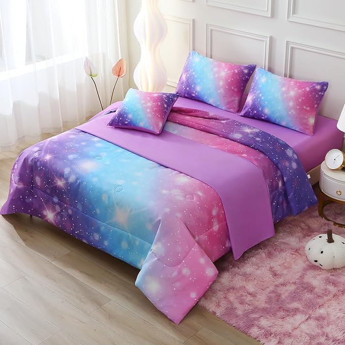 JQinHome Glitter Bedding Set Full Size,6 Piece Bed in A Bag 3D Colorful Rainbow Galaxy Comforter Set for Girls Kids-All Season Microfiber Tie-Dye Bedding Sets(Blue Purple) - LeafyLoom