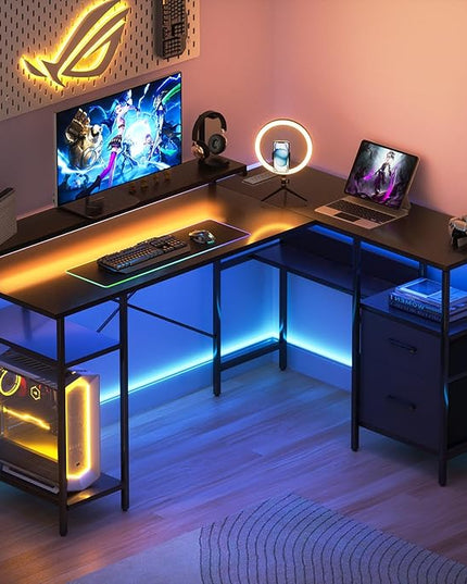 L-Shaped Home Office Desks with 2 Drawers Reversible Computer Gaming Desk with Monitor Stand Power Outlets Corner Desks for Home Office 61" Pure Black - LeafyLoom