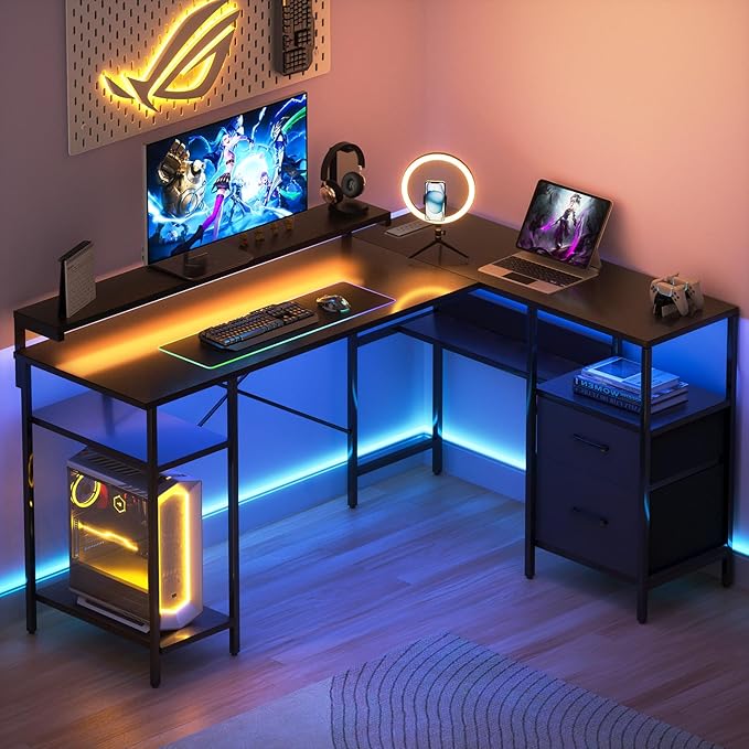 L-Shaped Home Office Desks with 2 Drawers Reversible Computer Gaming Desk with Monitor Stand Power Outlets Corner Desks for Home Office 61" Pure Black - LeafyLoom