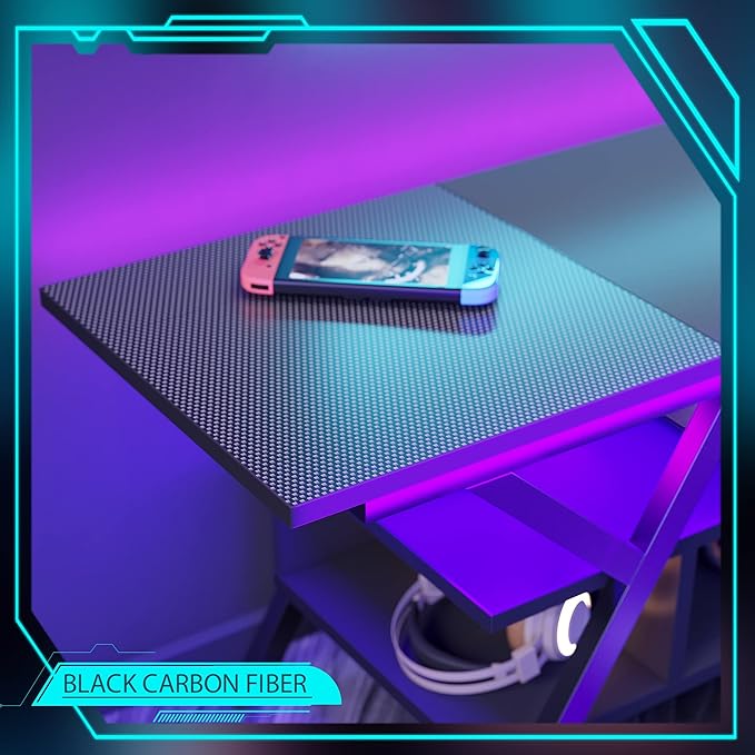 Bestier LED Entertainment Center Gaming TV Stand 55 inch for TV up to 65 in, Game Console Table W/Storage for Living Room Bedroom 20 Dynamic RGB Modes TV Console for PS5, Carbon Fiber Black - LeafyLoom