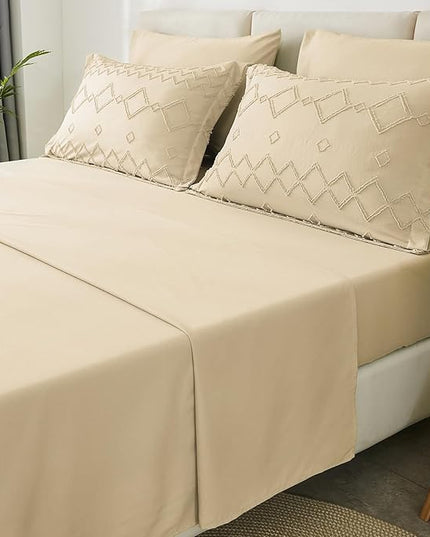 EMME Twin Comforter Set - 5 Pcs Beige Boho Bedding Sets, Tufted Comforter with Sheets, Shabby Chic Embroidery Twin Bed Set Fluffy Bed Bag for All Season(68"X90") - LeafyLoom