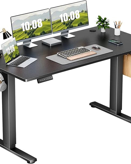 Sweetcrispy Electric Adjustable Height Standing Desk - 55 x 24 inch Sit to Stand Up Desk with Splice Board, Rising Home Office Computer Table with 2 Hook and Wire Hole for Work - LeafyLoom