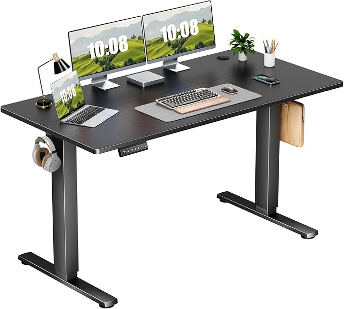 Sweetcrispy Electric Adjustable Height Standing Desk - 55 x 24 inch Sit to Stand Up Desk with Splice Board, Rising Home Office Computer Table with 2 Hook and Wire Hole for Work - LeafyLoom