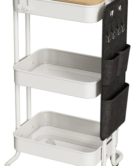 DTK 3 Tier Metal Utility Rolling Cart with Table Top and Side Bags, Metal Tray Storage Organizer Cart with Wheels, Art Craft Cart with 4 Hooks for Kitchen Bathroom Office Living Room (White) - LeafyLoom