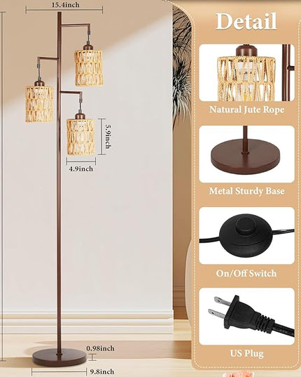 Farmhouse Floor Lamp, Industrial Style Tall Lamps, Boho Tree Standing Tall Lamp with Sturdy Modern Vintage Design for Living Room Bedroom Office Dining Room(Coffee) - LeafyLoom