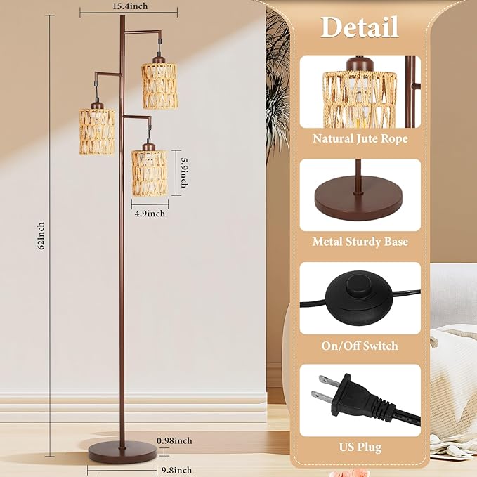 Farmhouse Floor Lamp, Industrial Style Tall Lamps, Boho Tree Standing Tall Lamp with Sturdy Modern Vintage Design for Living Room Bedroom Office Dining Room(Coffee) - LeafyLoom