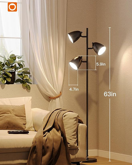 addlon Tree Floor Lamp with remote, 3 Adjustable Rotating Light and Matching LED Bulbs, Standing Tall Pole Lamps for Living Room, Bedroom, Home, Office - Black - LeafyLoom