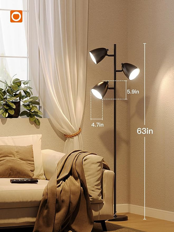addlon Tree Floor Lamp with remote, 3 Adjustable Rotating Light and Matching LED Bulbs, Standing Tall Pole Lamps for Living Room, Bedroom, Home, Office - Black - LeafyLoom