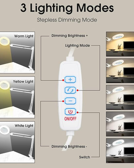 5X Magnifying Glass with Light and Stand, Desk Clip on Lamp for Reading Home Office, 48 LEDs USB Clip Ring Light with 3 Color Modes Clamp Light for Bed Headboard, Craft, Computer, Video Call - LeafyLoom