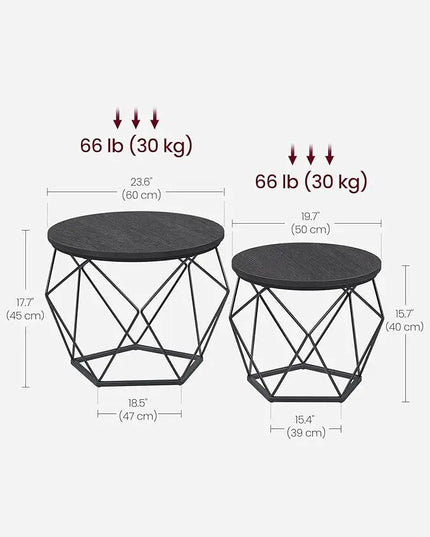 VASAGLE Small Coffee Table Set of 2, Round Coffee Table with Steel Frame, Side End Table for Living Room, Bedroom, Office, Charcoal Gray and Ink Black - LeafyLoom