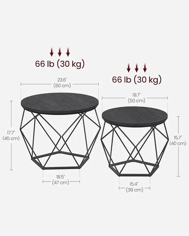 VASAGLE Small Coffee Table Set of 2, Round Coffee Table with Steel Frame, Side End Table for Living Room, Bedroom, Office, Charcoal Gray and Ink Black - LeafyLoom