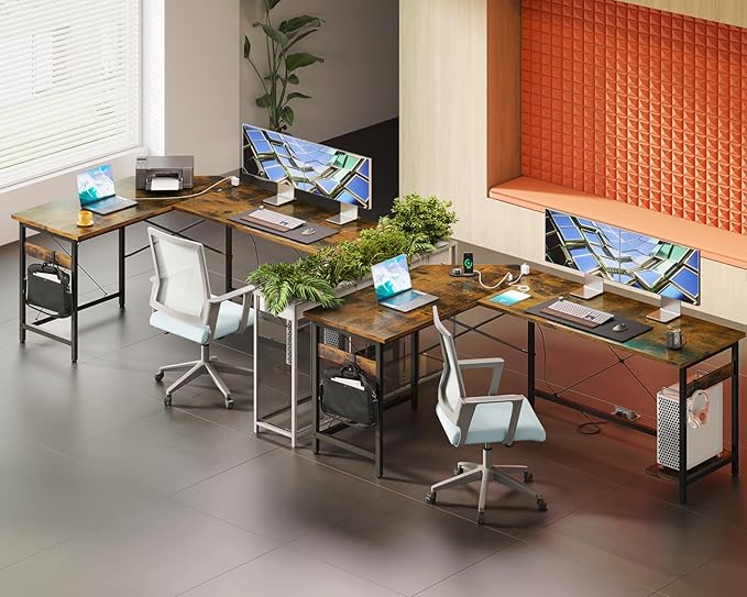 Coleshome 66" L Shaped Gaming Desk with Outlet, L Shaped Desk with CPU Stand, Corner Computer Desk, Home Office Desk, Writing Desk, Vintage - LeafyLoom