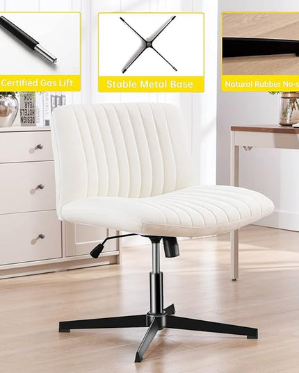 FELICE Cross Legged Armless Wide Seat Chair Fabri Padded Height Adjustable for Home Office Desk Makeup, Beige - LeafyLoom