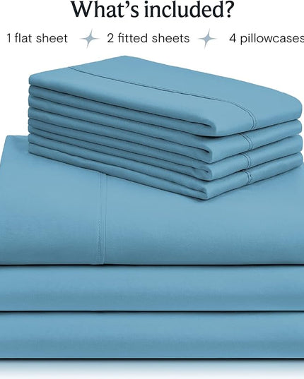 LuxClub 7 PC Split King Sheet Set Sheets Deep Pockets 18" Eco Friendly Wrinkle Free Cooling Sheets Machine Washable Hotel Bedding Silky Soft - Denim Split King - LeafyLoom