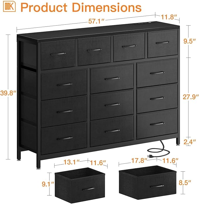 ODK Dresser with Charging Station, 57-Inch Long Dresser TV Stand for Bedroom, Large Dresser with 13 Storage Drawers, Chest of Drawers Easy-Pull Fabric Dressers for Living Room, Black - LeafyLoom