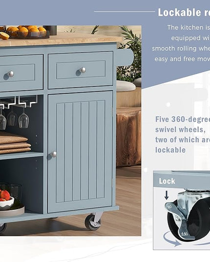 Kitchen Island Drop Leaf & Power Outlet, Mobile Cart w/Open Storage Wine Rack, Lockable Universal Wheels and Unfolded Tabletop, for Home, Dining Room, Grey Blue, 39.8 Inch - LeafyLoom