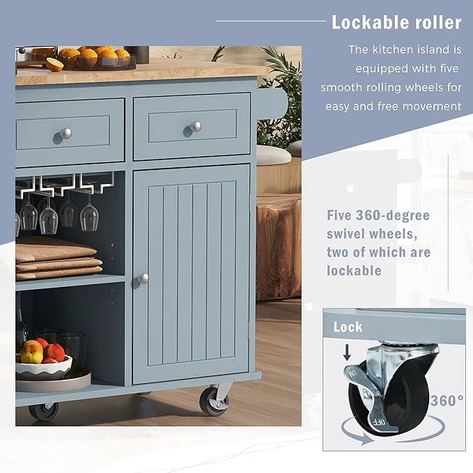 Kitchen Island Drop Leaf & Power Outlet, Mobile Cart w/Open Storage Wine Rack, Lockable Universal Wheels and Unfolded Tabletop, for Home, Dining Room, Grey Blue, 39.8 Inch - LeafyLoom