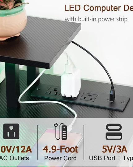 Computer Desk with LED Light & Power Outlets, 55 Inch Gaming Desk with 4 Fabric Drawers, Carbon Fiber Surface Home Office Desk with Monitor Stand with Hooks for Bedroom, HGD14CBK - LeafyLoom