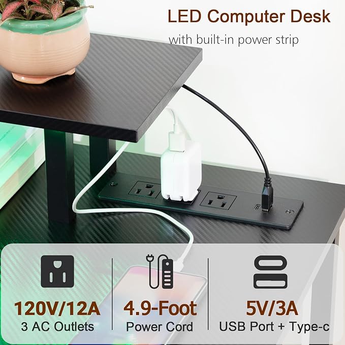 Computer Desk with LED Light & Power Outlets, 55 Inch Gaming Desk with 4 Fabric Drawers, Carbon Fiber Surface Home Office Desk with Monitor Stand with Hooks for Bedroom, HGD14CBK - LeafyLoom